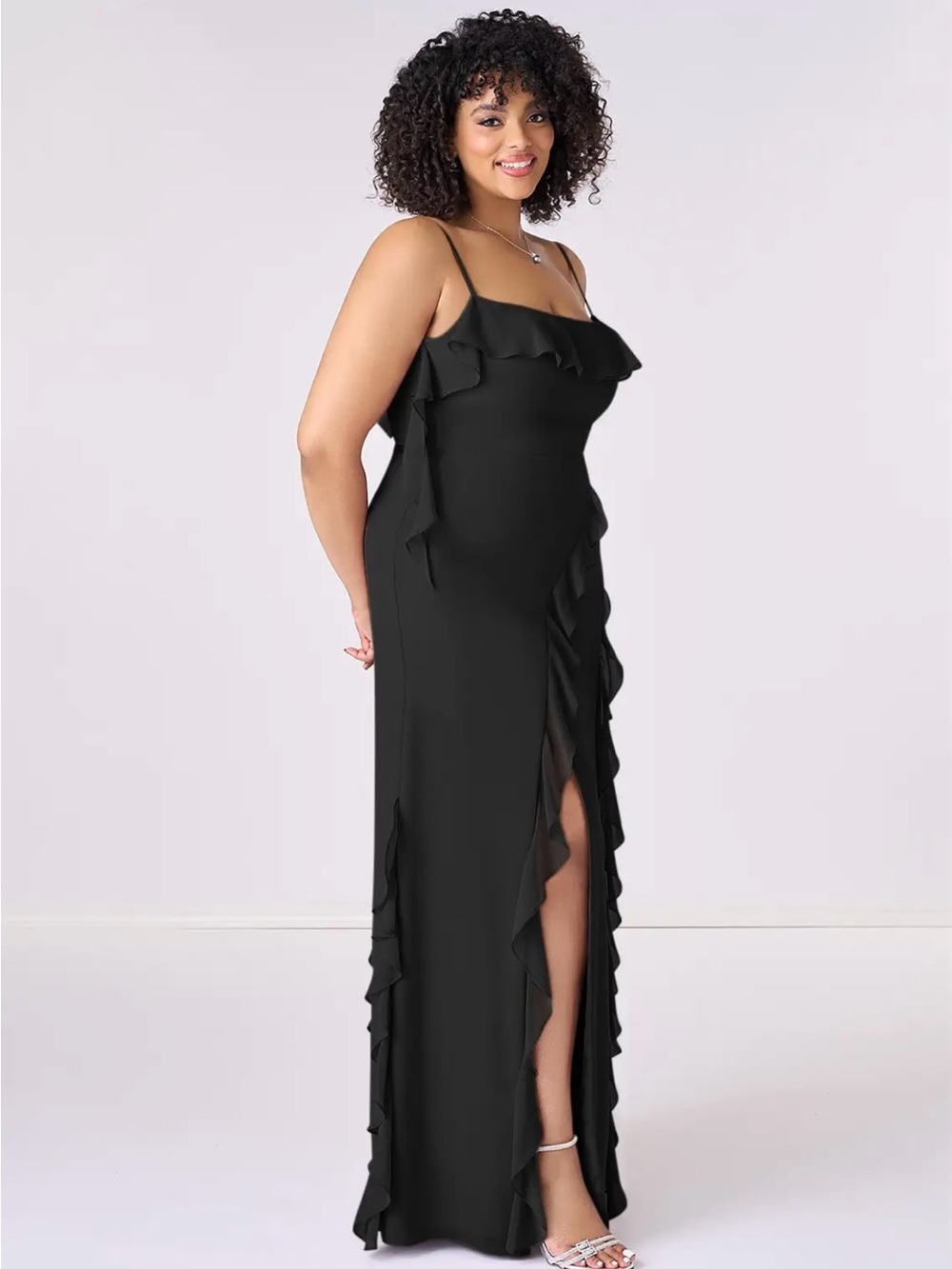 Azazie Black One-Shoulder Ruffle Maxi Dress
